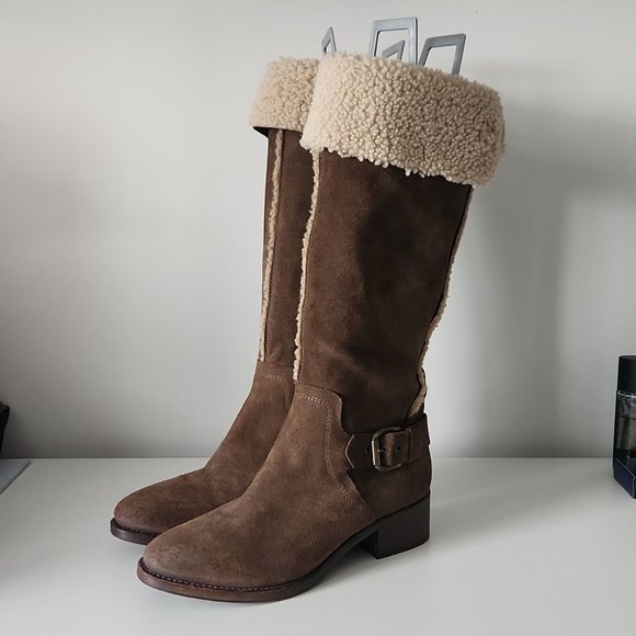 NAPOLEONI | Tall shearling boots brown suede sz 38 - Picture 1 of 9